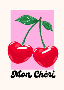 Fashion graphic prints for cherries fruit,  Fashion slogan print in French "Mon Ch&eacute;ri" means "My Dear" in English, cherry cool slogan print for tee. Funny cute t-shirt print,vintage poster design