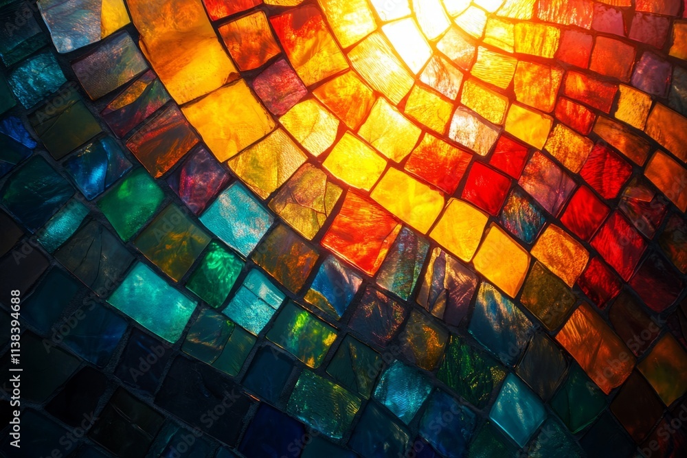 Aufkleber backlit stained glass window with irregular colorful mosaic tiles creating a rainbow effect