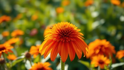 A single orange flower stands out against a background of blurred orange blooms and green foliage.