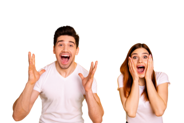 Close up photo amazing she her he him his couple hands arms raised air yell unbelievable luck lucky day cheerleader football match wear casual white t-shirts outfit isolated yellow background