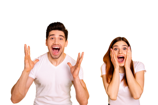 Close up photo amazing she her he him his couple hands arms raised air yell unbelievable luck lucky day cheerleader football match wear casual white t-shirts outfit isolated yellow background