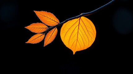 Fototapeta premium Autumn Glow: Backlit autumn leaf on a branch against a dark background 