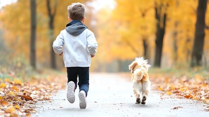 Obraz premium A child running joyfully with a dog along a tree-lined path.