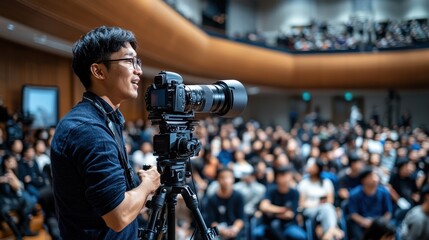 A high-tech video camera on a tripod capturing a seminar speaker, an Asian professional addressing a crowd with enthusiasm