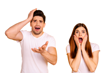 Close up photo amazing she her he him his couple hands arms hold head cheeks stand side by side expression yell unbelievable epic fail wear casual white t-shirts outfit isolated yellow background