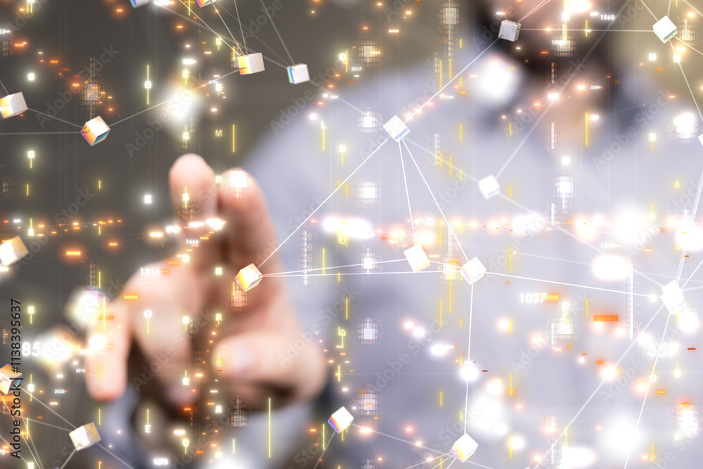 Poster Neural network 3D illustration. Big data and cybersecurity