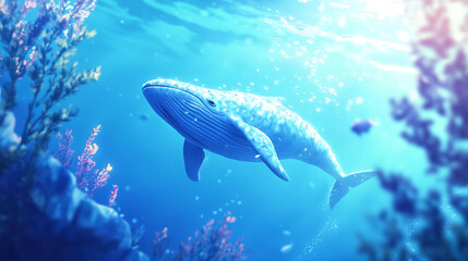 Naklejka premium Blue Cartoon Whale Swimming Underwater in Clear Deep Blue Ocean With Light God Rays. Stylized 3d Character 