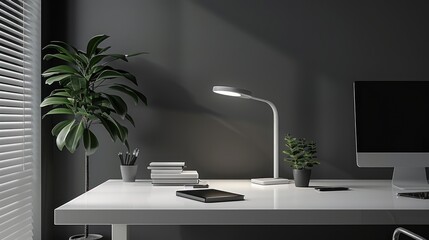Modern minimalist home office desk setup with lamp, plant, and computer.