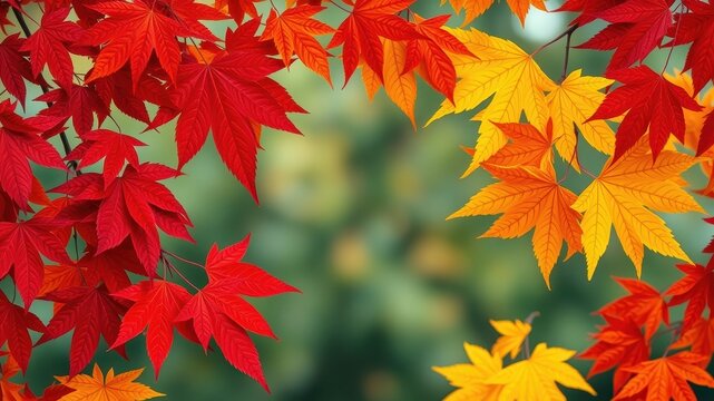 Red and orange leaves frame a vibrant green background, a breathtaking display of fall foliage