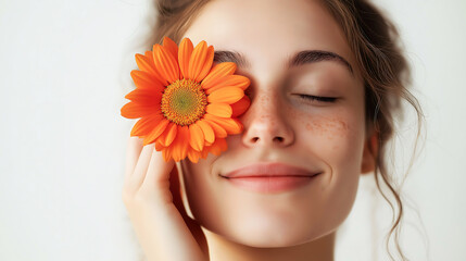 Portrait of a happy young woman holding Gerbera daisy covering her eye with eyes closed