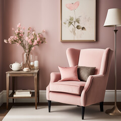 Modern living room with pink armchair and plants.
