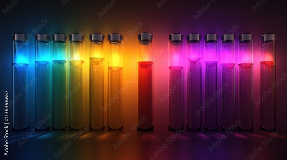 Poster realistic test tubes with colorful solutions, arranged in an organized array under a glowing laborat