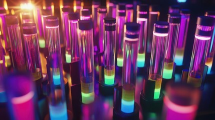 Fototapeta premium Realistic test tubes with colorful solutions, arranged in an organized array under a glowing laboratory light.
