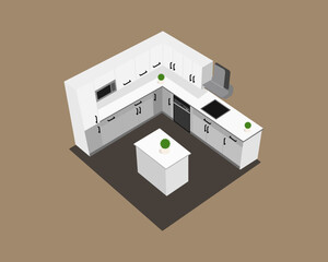 Illustration of isometric image of a minimalist kitchen set features a combination of white and gray cabinets, with a small island that doubles as a dining table, microwave and a small dishwasher
