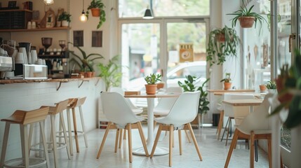 Bright, minimalist cafe interior with plants, tables, and chairs.