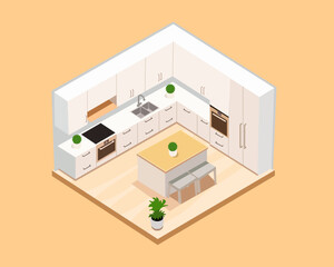Illustration of isometric image of a minimalist kitchen set features sleek cabinetry, a wooden countertop island, stainless steel appliances, and a light wood floor