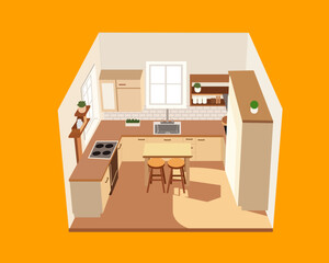 Illustration of isometric cozy minimalist kitchen is designed with a warm color palette, featuring light beige cabinets paired with a wooden countertop. The rustic wooden-style flooring