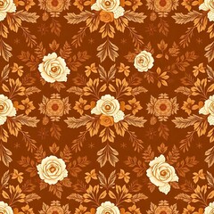 Fototapeta premium Floral Tapestry: A seamless pattern of intricate white roses and autumnal foliage on a rich brown background. This design evokes a sense of warmth, elegance, and timeless beauty.