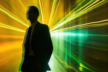 Businessman Silhouetted Figure Surrounded by Vibrant Light Rays