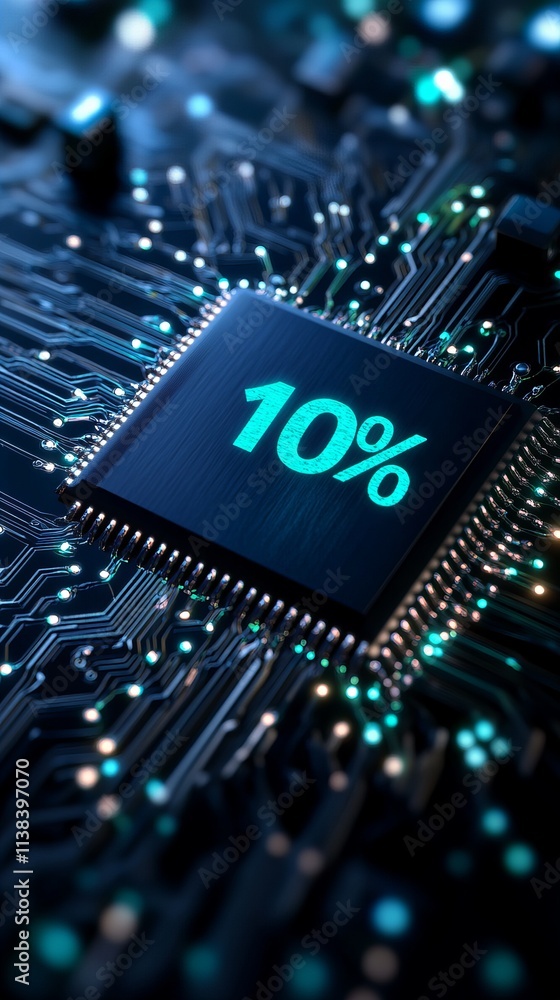 Poster close-up of a microchip with a glowing '10%' displayed, highlighting technology and digital innovati