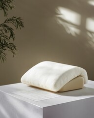 Premium orthopedic pillow demonstration in a cozy room product showcase comfort and support relaxing atmosphere