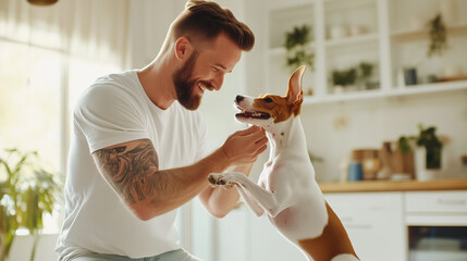 Muscular white man with tatooed arms and dark hair and beard wearing white t-shirt and jeans offers brown and white basenji dog standing on its rear paws a treat in a room with whi