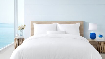 Modern bedroom with a serene ocean view and minimalist decor.