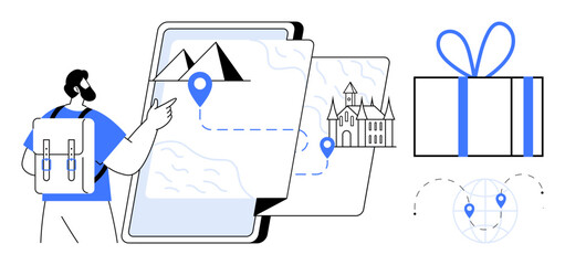 Man with backpack planning a trip on a digital tablet featuring mountain and castle locations and a gift box. Ideal for travel planning, adventure, tourism, navigation, exploration, vacation