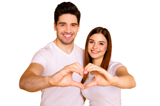 Close up photo amazing beautiful she her he him his guy lady hands arms fingers make heart figure form romance mood hugging sincere wear casual white t-shirts outfit isolated yellow background