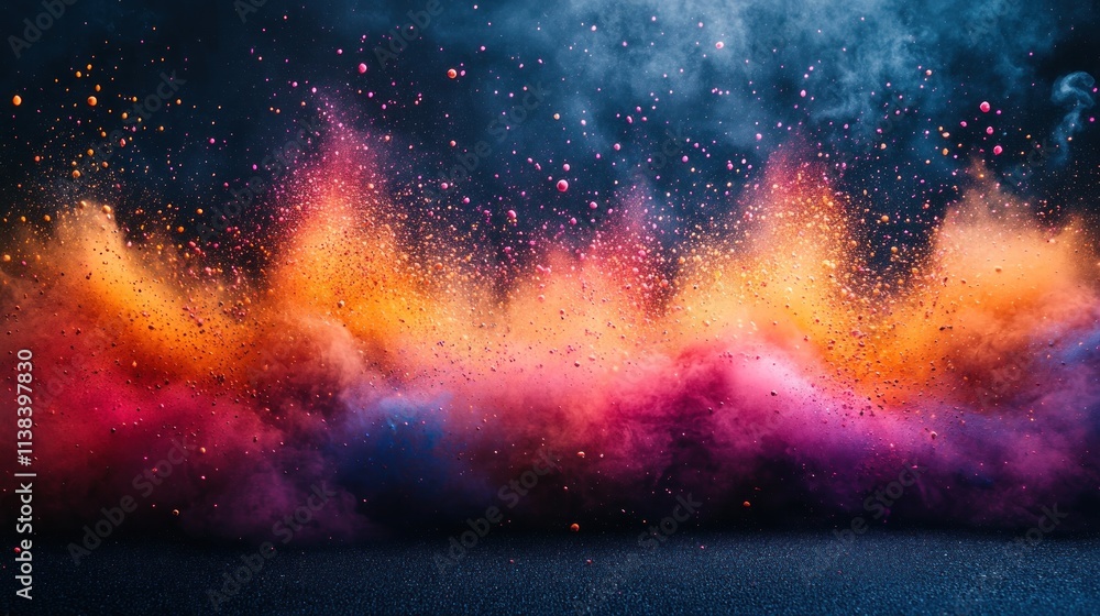 Poster a vibrant explosion of colored dust creating an abstract, artistic background.