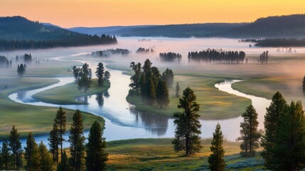 Fototapeta premium River winding through a foggy valley, with pine trees and sunrise light creating a peaceful, breathtaking view.