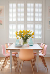 Interior of modern kitchen with dining table, chairs, white counters and lamp