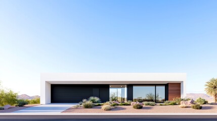 Modern single-story house with desert landscaping and large windows.