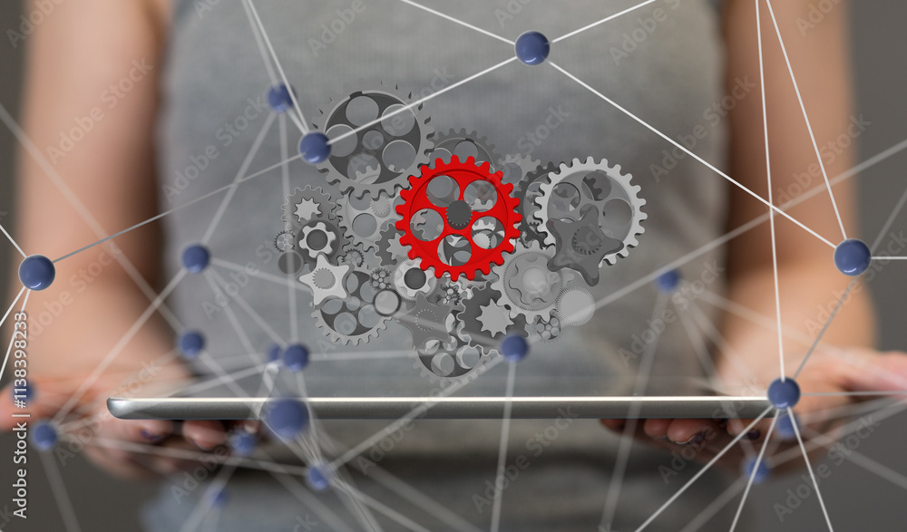 Poster gear system data. Connecting lines and dots.Big data visualization