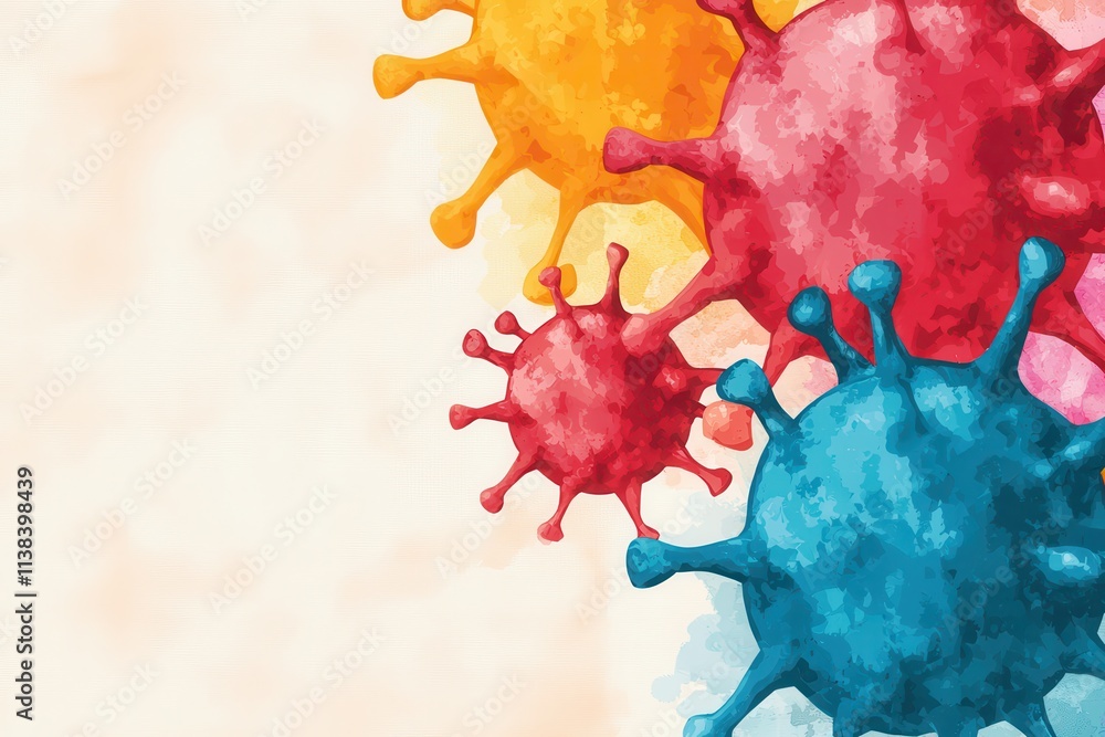 Poster a colorful artistic representation of virus-like structures against a light background, showcasing v