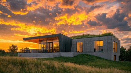 Obraz premium Modern house with green roof at sunset.
