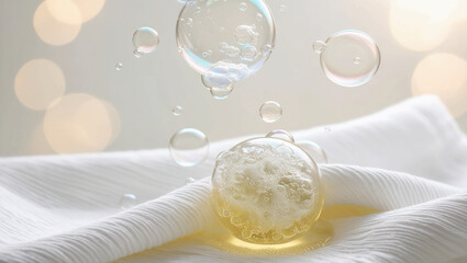 the ability to remove dirt and stains from cloth fibres. bubbles of detergent that effectively remove microorganisms from soil. 3D realistic vector file.