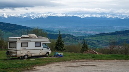 RV parked on a mountaintop with the French Alps in the distance, an idyllic setup for camping and enjoying the serene view.