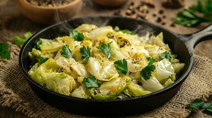 A steaming dish of Chinese cabbage and parsley in a cast iron skillet, placed on a burlap-lined table with dried herbs scattered around