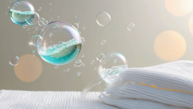 the ability to remove dirt and stains from cloth fibres. bubbles of detergent that effectively remove microorganisms from soil. 3D realistic vector file.