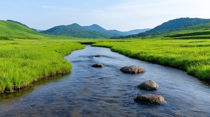 Fototapeta premium Serene river flowing through lush green landscape under blue sky.