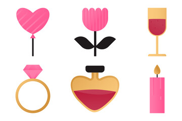 Fototapeta premium Set of elements with romantic symbols - balloon, glass of wine, elixir, candle, ring, flower.