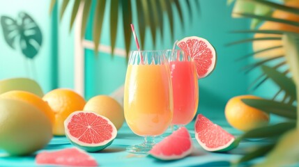 Fototapeta premium Beach items, juice, and turquoise tones for a summer holiday vibe