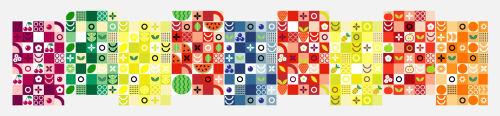 Set of fruit and berry patterns in abstract geometric style. Minimalistic mosaic design for packaging, textile, label, banner, template.