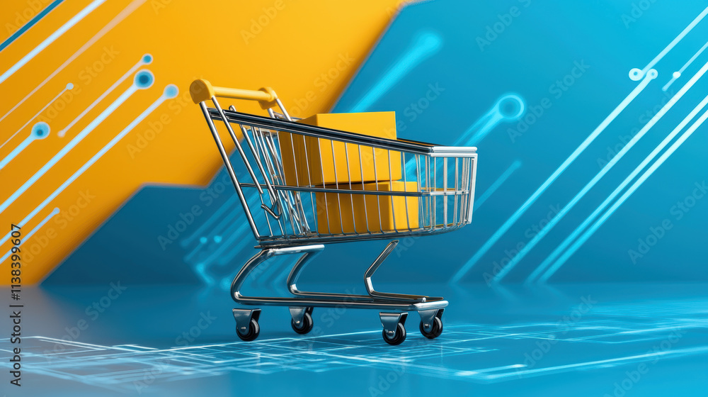 Poster visually striking representation of e commerce with shopping cart and boxes