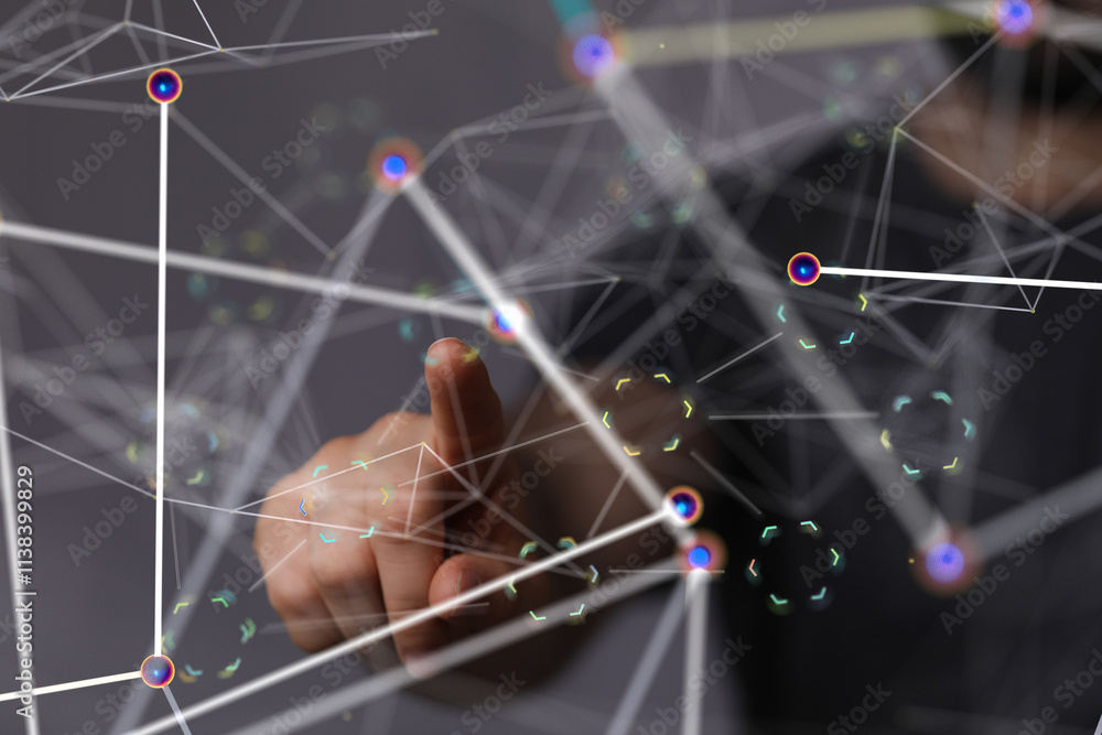 Poster Neural network 3D illustration. Big data and cybersecurity