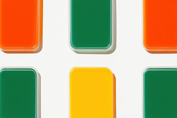 A row of colorful plastic containers with a white background