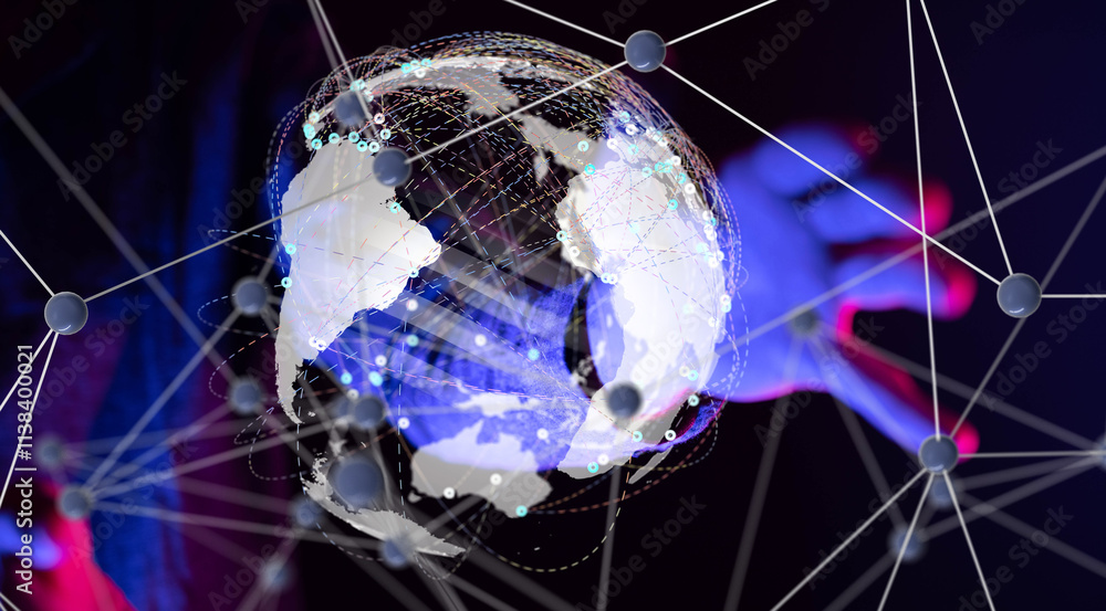 Poster world Global network. Blockchain. 3D illustration. Neural networks and artificial intelligence. Abstract
