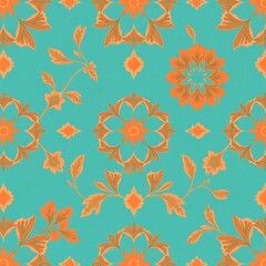 Fototapeta premium Teal Floral Pattern: A vibrant and intricate floral pattern in shades of teal and orange, featuring delicate leaves and stylized flowers.