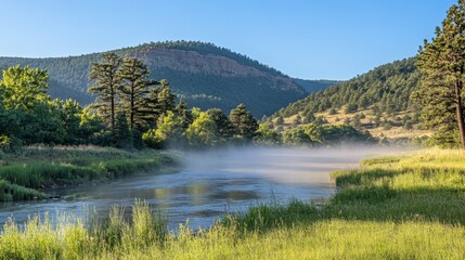 Serene river valley covered in fog, pine trees peeking through as sunlight softly illuminates the landscape.